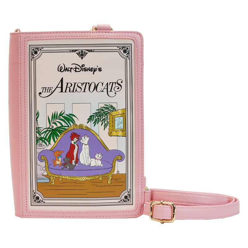 Pink convertible crossbody bag in the form of a book telling the story of Disney's The Aristocats. Can be worn as a crossbody or a backpack.